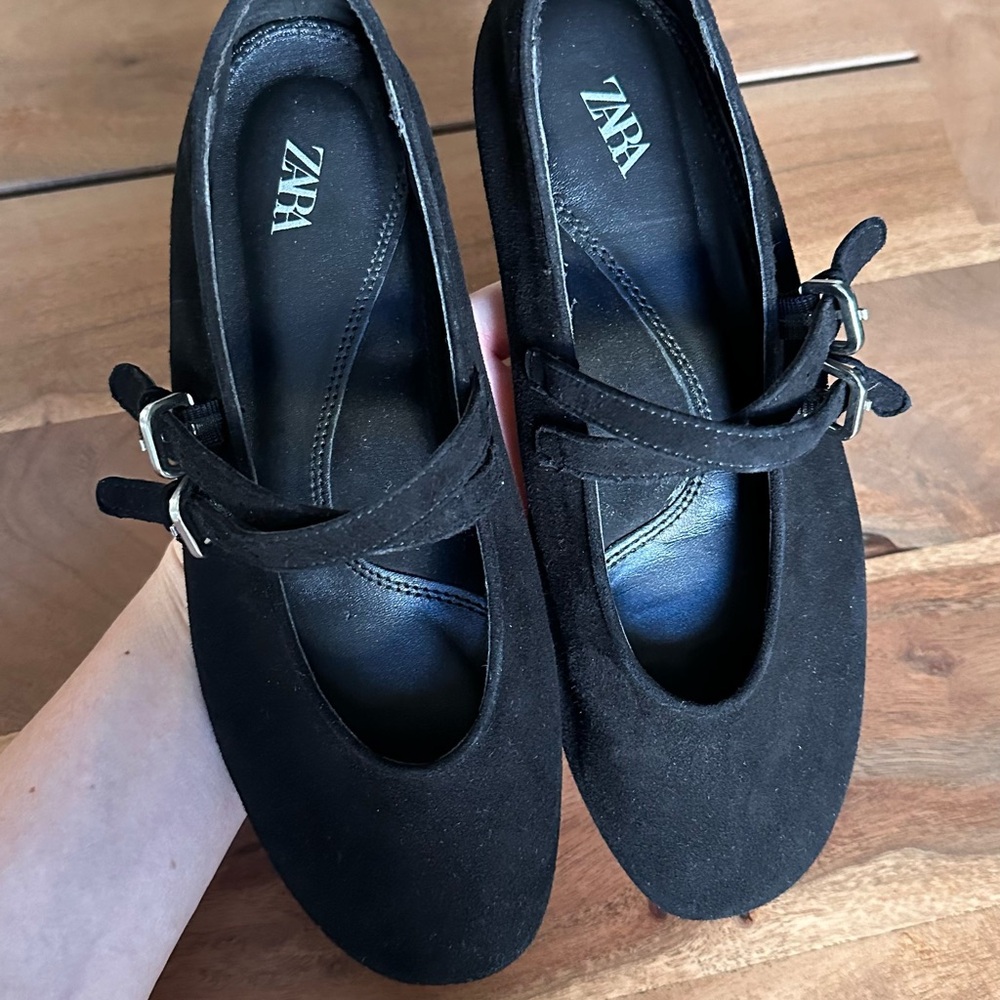 Zara Black Suede Flats with Buckle Detail